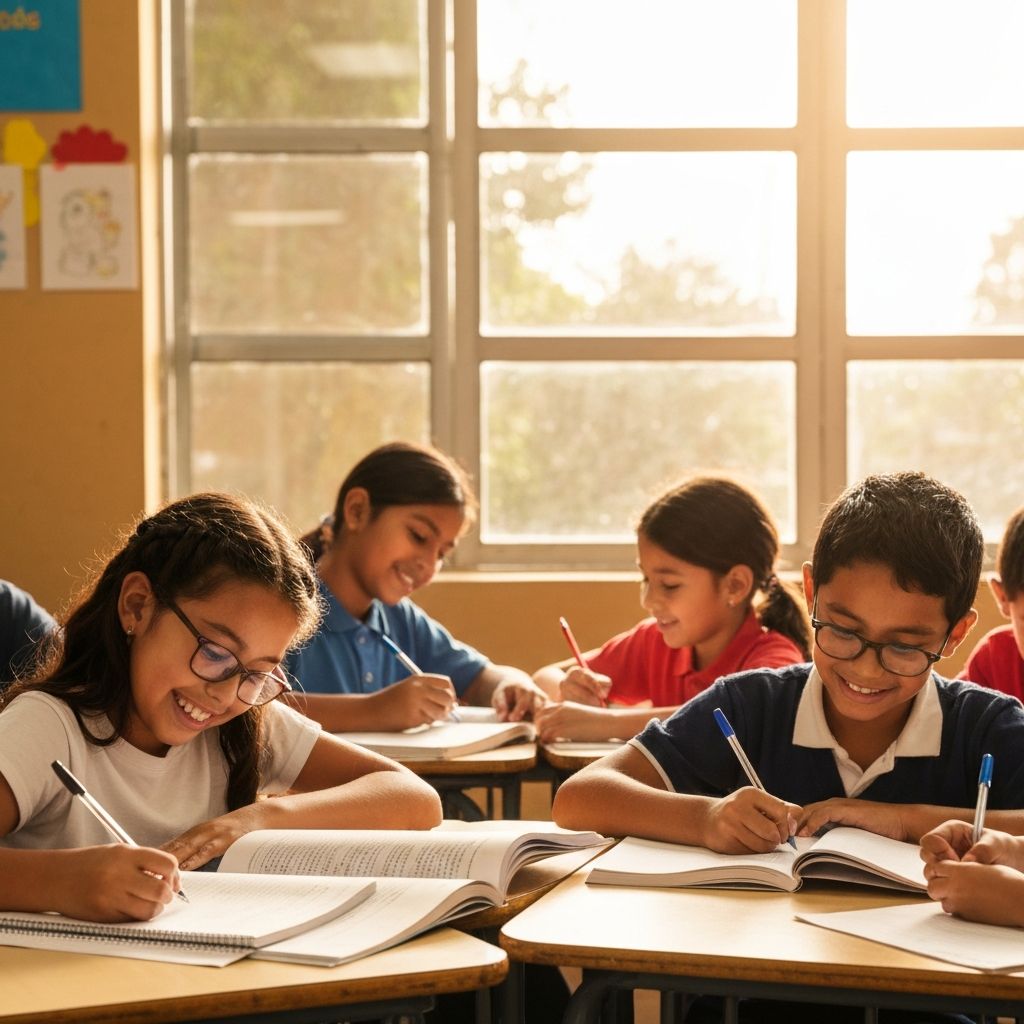 Ninos aprendiendo en el aula con lentes